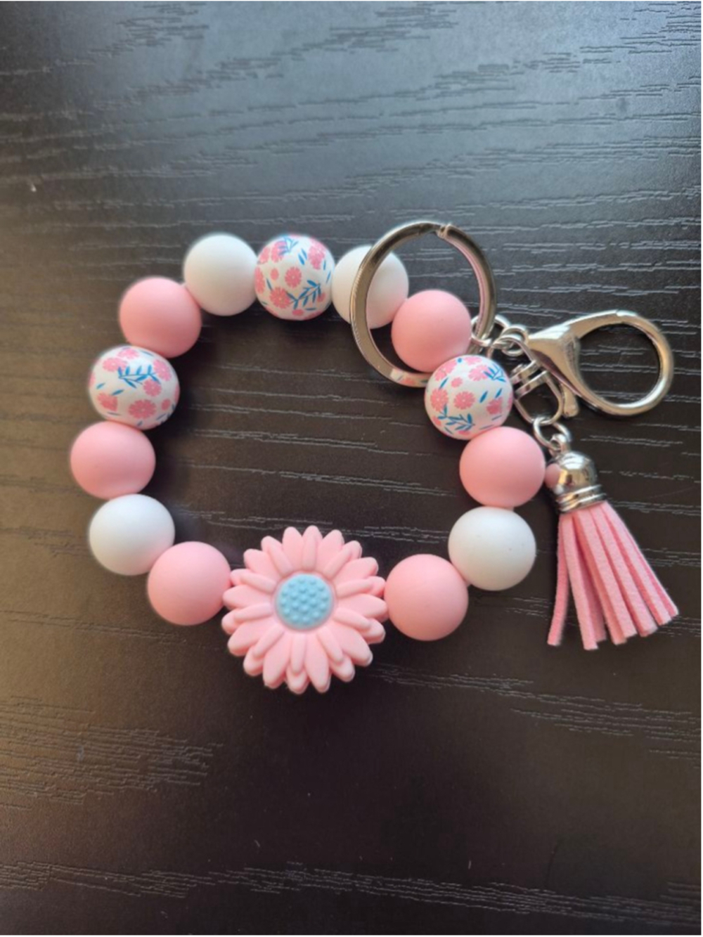 Women's Pink & White Floral Beaded Keychain One Size